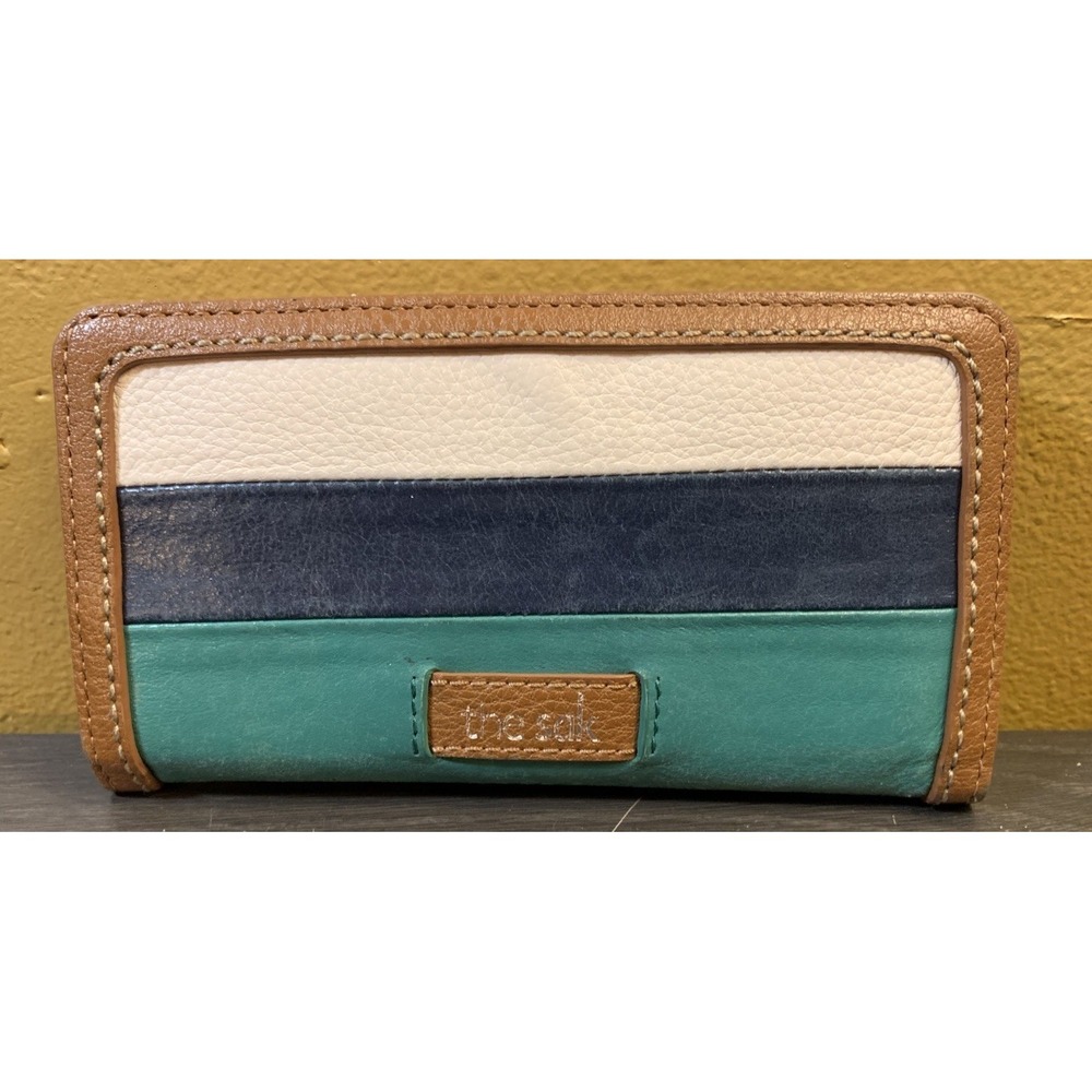 The Sak Leather IRIS Credit Card Wallet Teal Blue Striped w/ Zipper